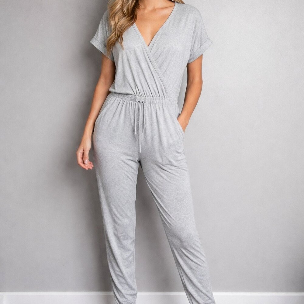 Fantastic Fawn, Size small, Gray pantsuit romper, V neck, drawstring waist